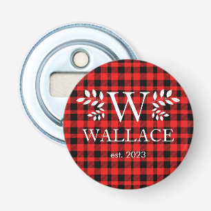 Buffalo Plaid Christmas monogram newlywed photo  Bottle Opener
