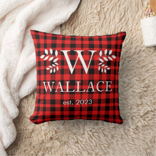 Buffalo Plaid Christmas monogram newlywed photo Cushion