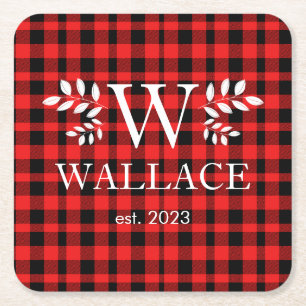Buffalo Plaid Christmas monogram newlywed photo  Square Paper Coaster