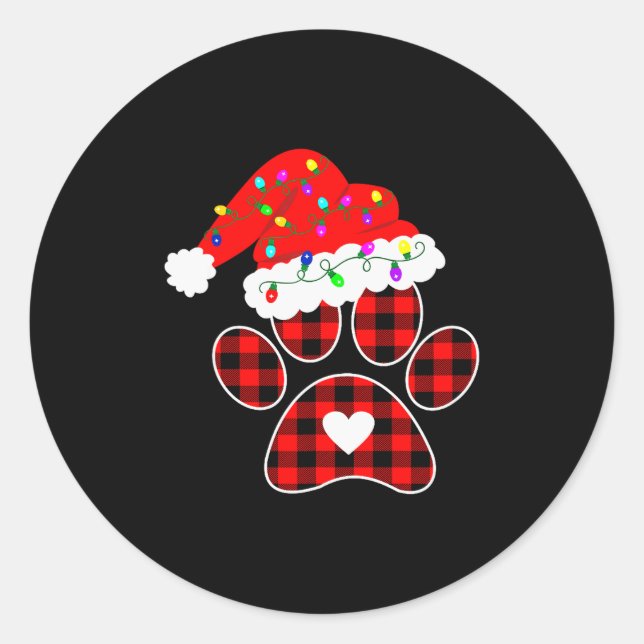 Buffalo Plaid Christmas Paw Dog With Santa Hat &am Classic Round Sticker (Front)
