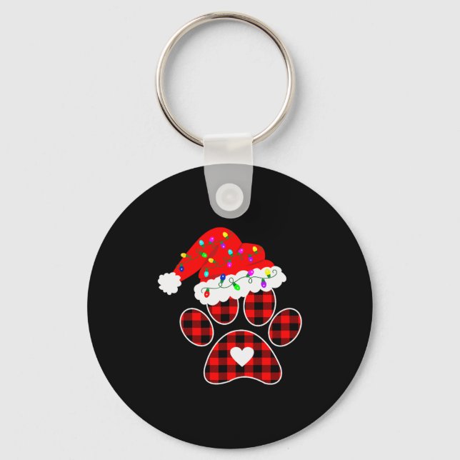 Buffalo Plaid Christmas Paw Dog With Santa Hat &am Key Ring (Front)