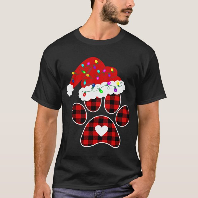 Buffalo Plaid Christmas Paw Dog with Santa hat Lig T-Shirt (Front)