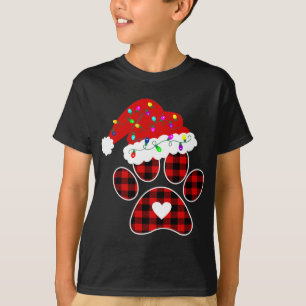 Buffalo Plaid Christmas Paw Dog with Santa hat Lig T-Shirt