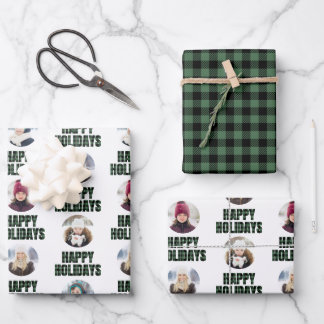 Buffalo Plaid Christmas Photo Collage Black Green Wrapping Paper Sheet