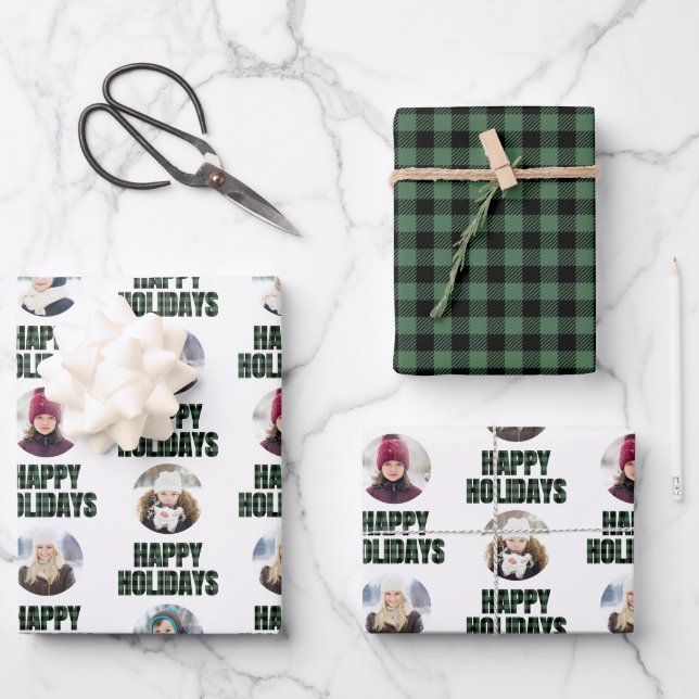 Buffalo Plaid Christmas Photo Collage Black Green  Wrapping Paper Sheet (Front)