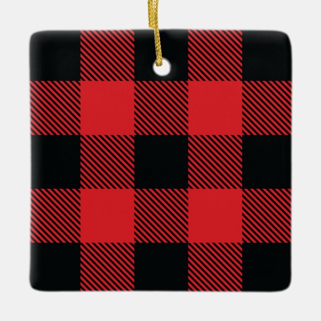 Buffalo Plaid Christmas Red and Black Check Ceramic Ornament (Front)