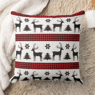 Buffalo Plaid Christmas Tree and Reindeer Pattern Cushion