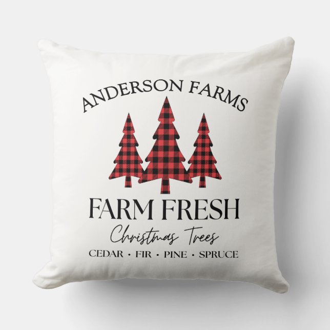 Buffalo Plaid Christmas Tree Farm Black Red Cushion (Front)