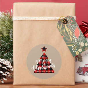 Buffalo plaid Christmas tree kraft Classic Round Sticker