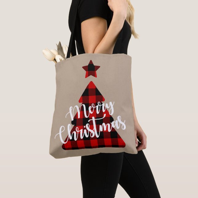 Buffalo Plaid Christmas Tree Kraft Tote Bag (Close Up)