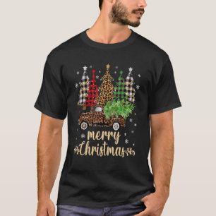 Buffalo Plaid Christmas Tree Red Truck With Leopar T-Shirt