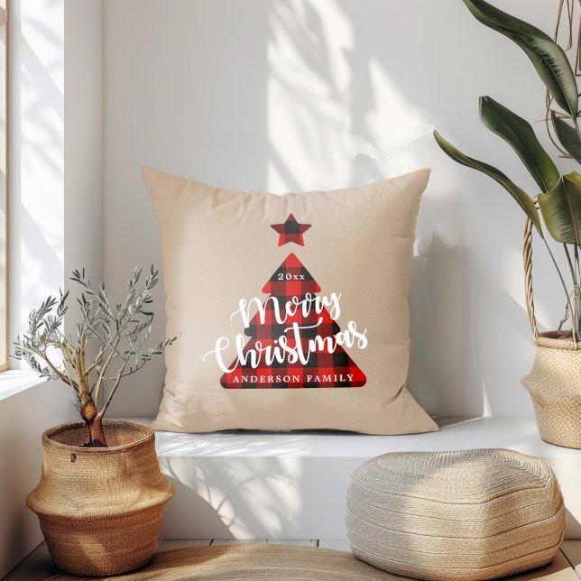 Buffalo Plaid Christmas Tree Whimsical Script Cushion (Creator Uploaded)
