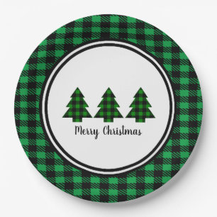 Buffalo Plaid Christmas Trees and Border Paper Plate