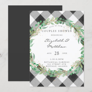 Buffalo Plaid Christmas Wreath Gold Couples Shower Invitation