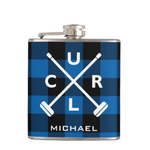 Buffalo Plaid Crossed Brooms Flask - Blue