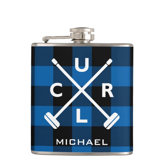 Buffalo Plaid Crossed Brooms Flask - Blue (Front)