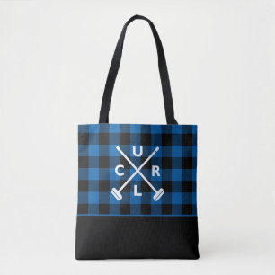 Buffalo Plaid Crossed Brooms Tote Bag - Blue
