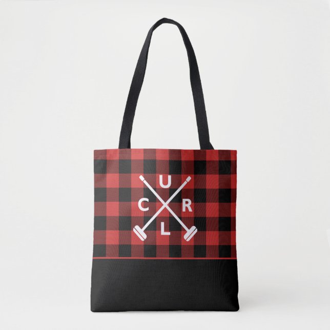 Buffalo Plaid Crossed Brooms Tote Bag - Red (Front)