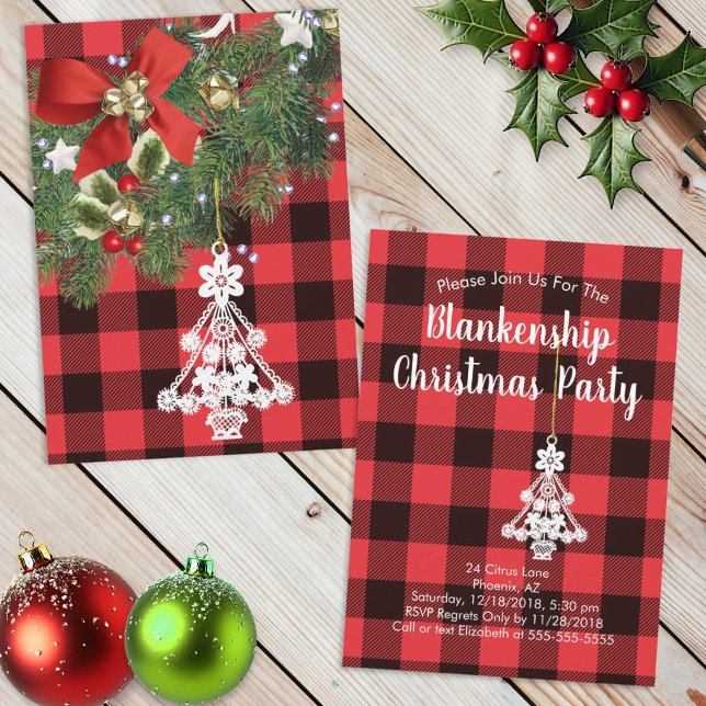 Buffalo Plaid Custom Photo Christmas Tree Holiday  Card (invitation template front and back)