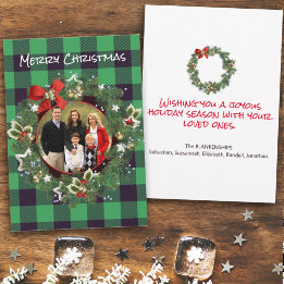 Buffalo Plaid Custom Photo Christmas Wreath Happy Holiday Card