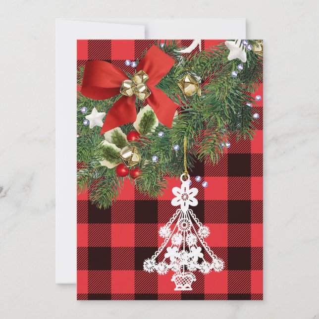 Buffalo Plaid Custom White Christmas Tree Holiday Card (Front)