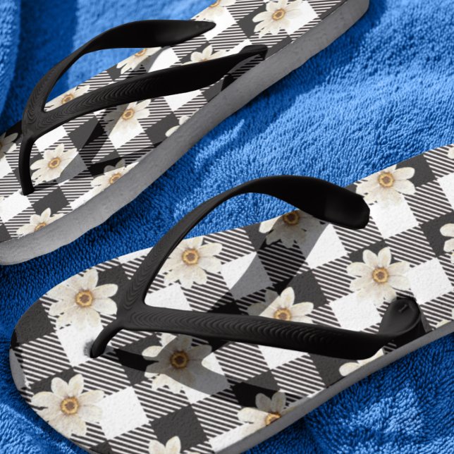 Buffalo Plaid Daisy  Black White   Flip Flops (Creator Uploaded)