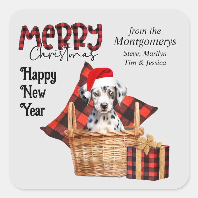 Buffalo Plaid Dalmatian Puppy Christmas Square Sticker (Front)