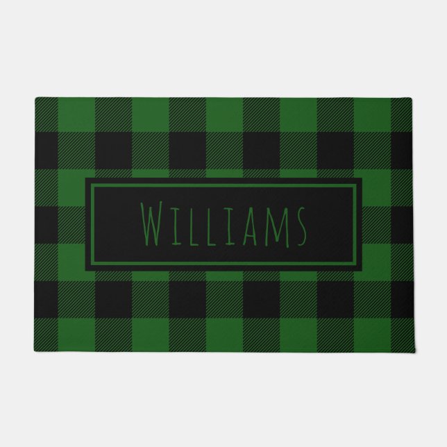 Buffalo Plaid Dark Green and Black Door Mat (Front)