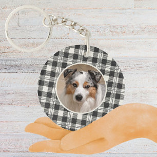 Buffalo Plaid Dark Grey and Buttercream Photo Key Ring