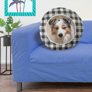 Buffalo Plaid Dark Grey and Buttercream Photo Round Cushion