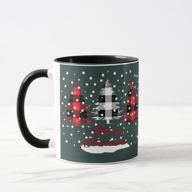 buffalo plaid decorated christmas pine trees mug (Left)