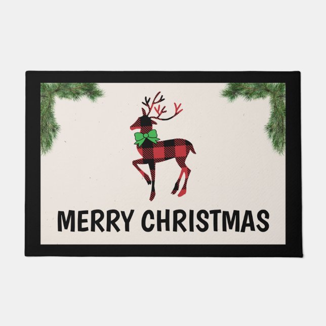 Buffalo Plaid Deer Christmas Doormat Door Mat (Front)