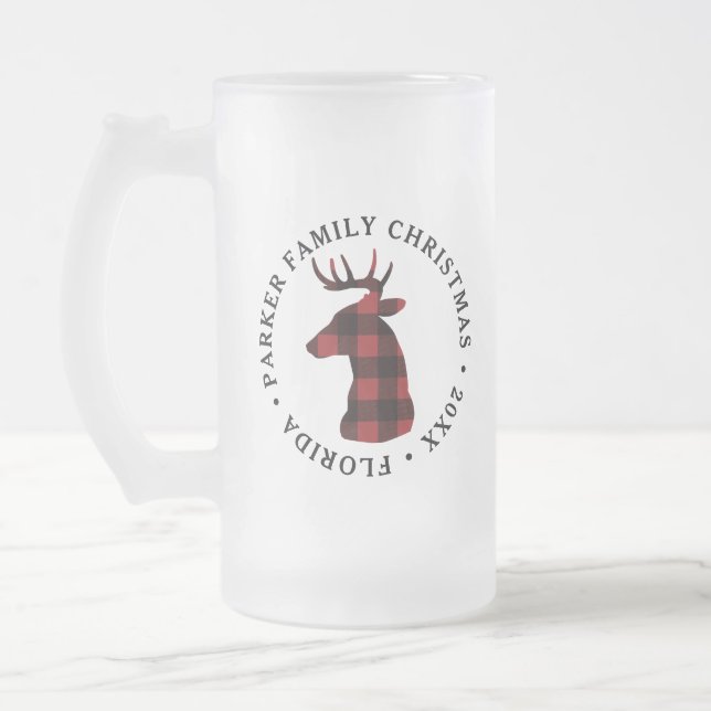 Buffalo Plaid Deer Christmas Frosted Glass Beer Mug (Left)