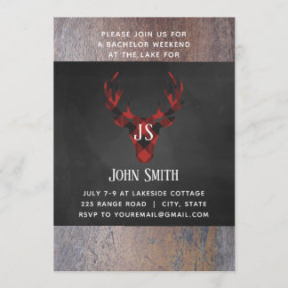 Buffalo Plaid Deer Head Monogram Bachelor Party Invitation