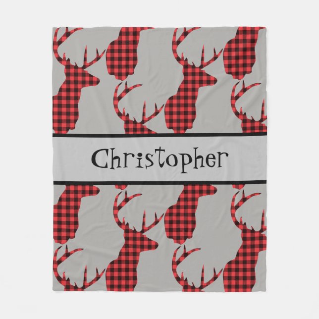 Buffalo Plaid Deer Head Red Black Baby Boy Fleece Blanket (Front)