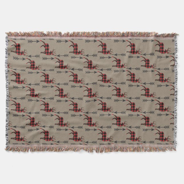 Buffalo Plaid Deer on Tan Throw Blanket (Front)