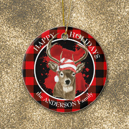 Buffalo Plaid Deer Santa Hat Ceramic Tree Decoration