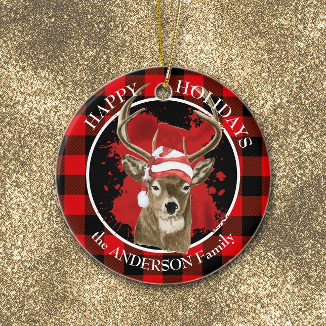 Buffalo Plaid Deer Santa Hat Ceramic Tree Decoration (Creator Uploaded)