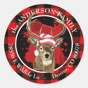Buffalo Plaid Deer Santa Hat Return Address Classic Round Sticker