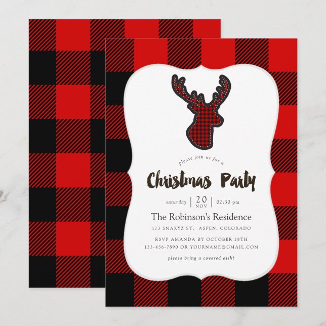 Buffalo Plaid Deer Scrapbook Motif Christmas Party Invitation (Front/Back)