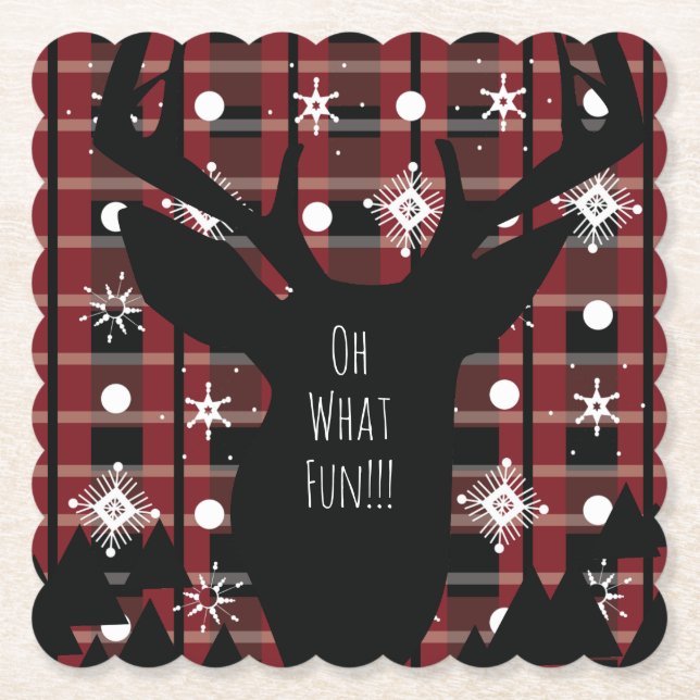 Buffalo Plaid Deer Snowflakes Christmas Party  Paper Coaster (Front)