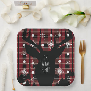 Buffalo Plaid Deer Snowflakes Christmas Party Paper Plate