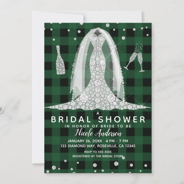 Buffalo Plaid Diamond Wedding Dress Bridal Shower Invitation (Front)