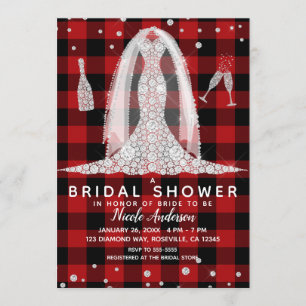 Buffalo Plaid Diamond Wedding Dress Bridal Shower Invitation