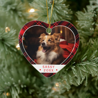 Buffalo Plaid Dog Lover Photo Heart Ornament