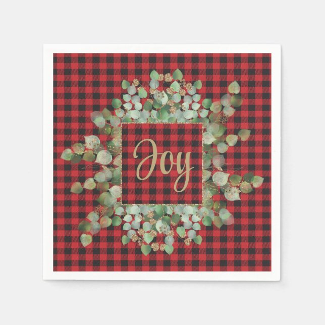 Buffalo Plaid Eucalyptus Christmas Joy Cocktail Napkin (Front)