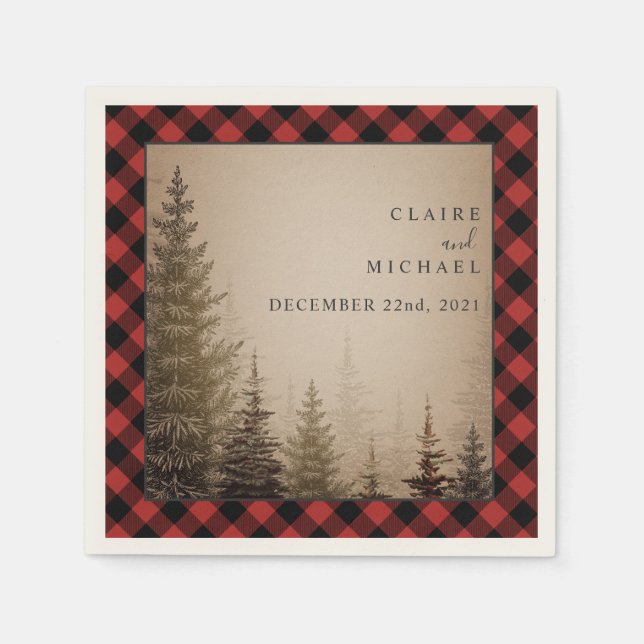 Buffalo Plaid Evergreen Trees Wedding Napkin (Front)