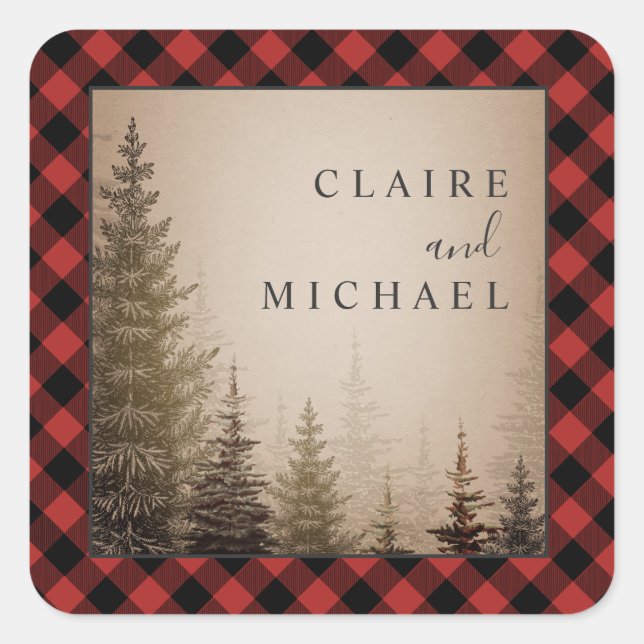 Buffalo Plaid Evergreen Trees Wedding Square Sticker (Front)