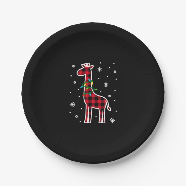 Buffalo Plaid Family Matching Giraffe Christmas Pa Paper Plate (Front)