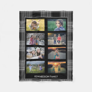 Buffalo plaid family photo collage monogram name fleece blanket